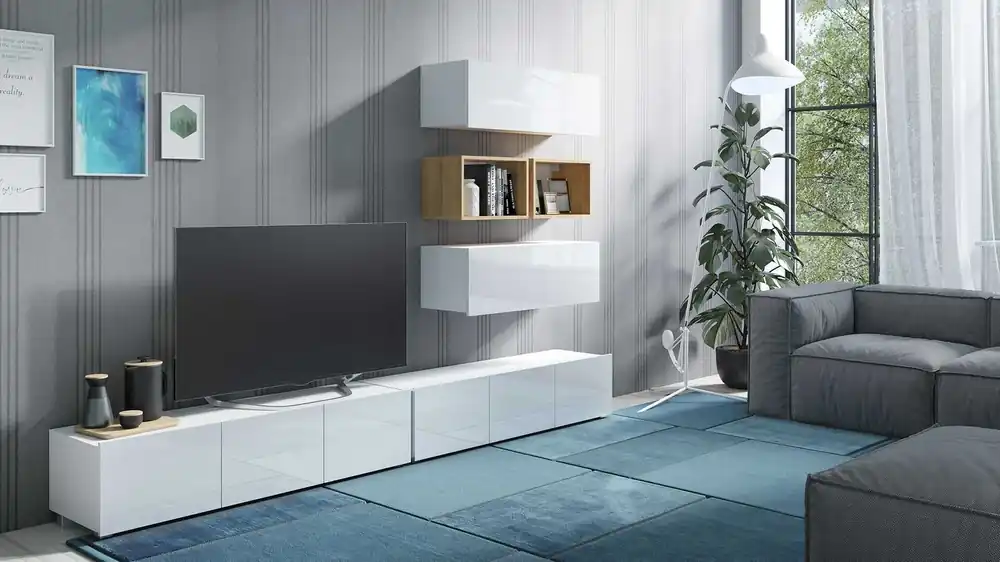 Jetzt Bestellen Möbel Apulia XXVII weiß glänzend / goldene Eiche ein außergewöhnlich stilvolles Wandelement einfache Einheiten, die in jedes Interieur passen