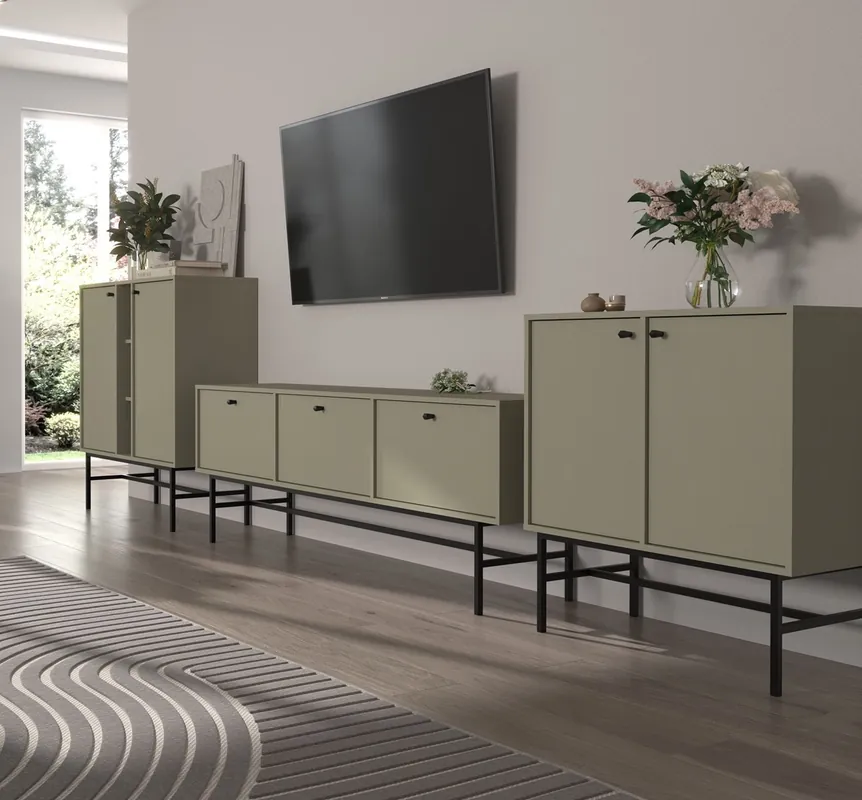 Möbel Kioto III Eukalyptus stilvolles Design Wohnzimmer Möbel elegante Möbel auf einem schwarzen Rahmen unterstützt subtile Griffe Beliebt