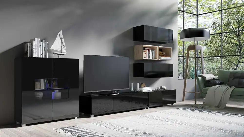 Jetzt Bestellen Möbelwand Apulia XXVIII schwarz glänzend / Eiche handwerklich extrem stilvolle Möbelwand einfache Elemente, die in jedes Interieur passen