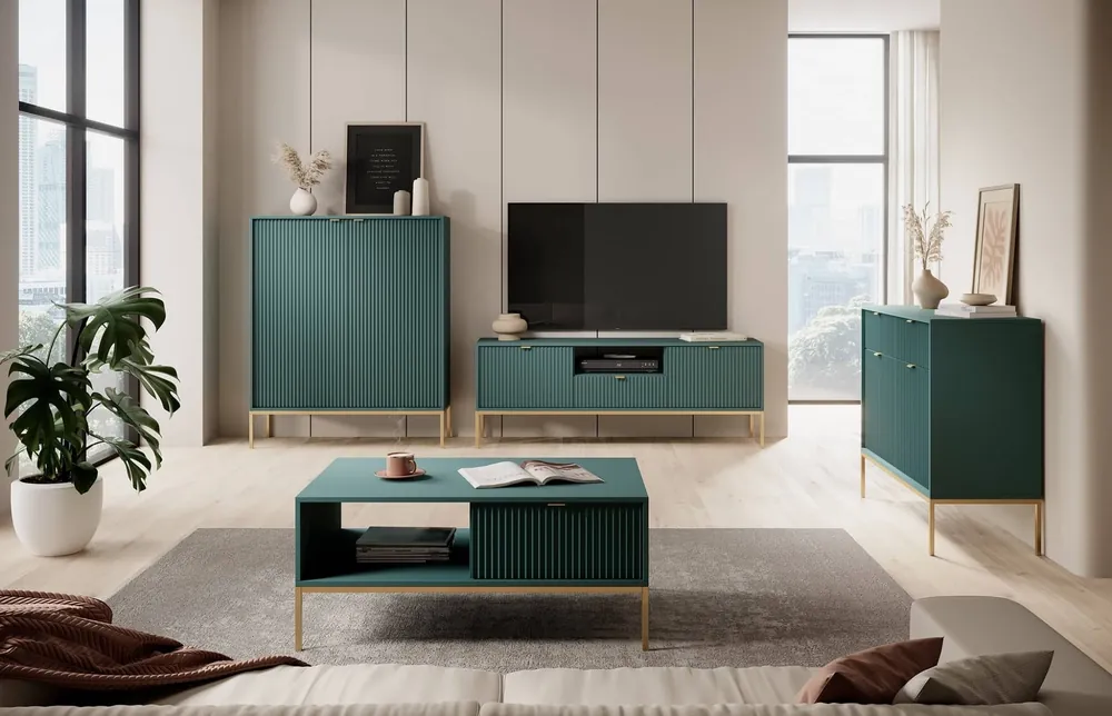 Kracherpreis Möbelset Lovro pastellgrün modernes Design Wohnwand angereichert mit goldenem Metall Zubehör Wohnzimmermöbel