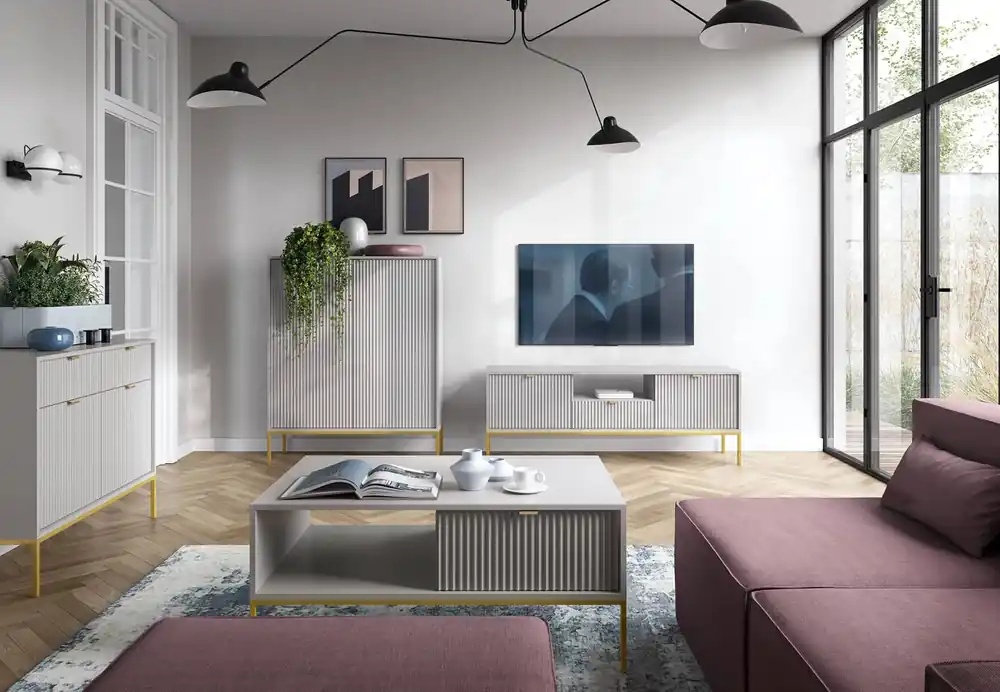 Möbel-Set Lovro grau modernes Design Schrankwand für Wohnzimmer oder Boardroom Möbel angereichert mit goldenen Metall-Accessoires Ausverkauf