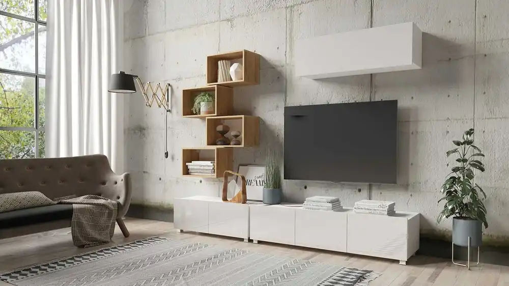 Möbel Apulia XXIX weiß glänzend / goldene Eiche ein außergewöhnlich stilvolles Wandelement einfache Elemente, die in jedes Interieur passen Zertifiziert