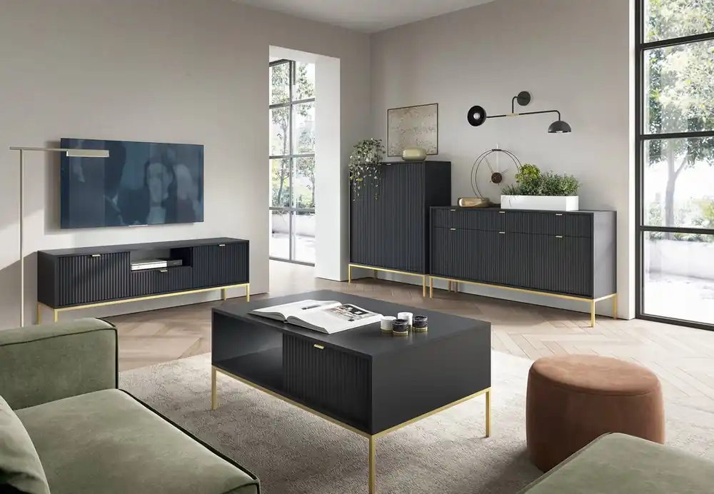 Möbel-Set Lovro schwarz modernes Design Schrankwand mit Gold Metall-Accessoires angereichert Möbel für Wohnzimmer oder Wohnzimmer Echt