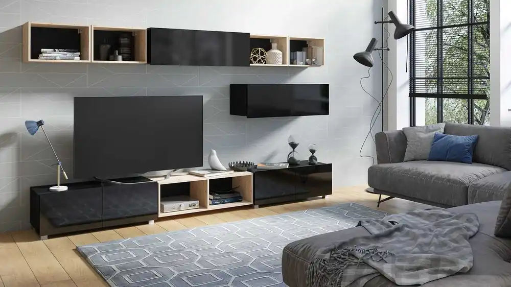 Neuheit Möbelwand Apulia XXVI schwarz glänzend / Eiche handwerklich extrem stilvoll Möbelwand einfache Einheiten, die in jedes Interieur passen