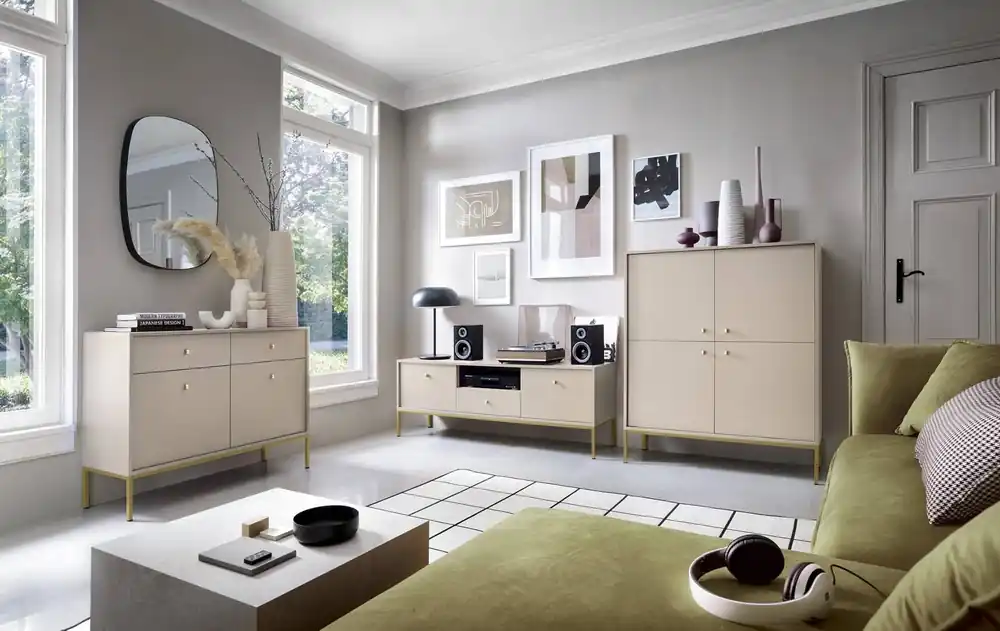 Neu Möbelset Mono Beige Minimalistisches Design Wohnzimmermöbelset oder für das Wohnzimmer goldene Beine stilvoller Griff