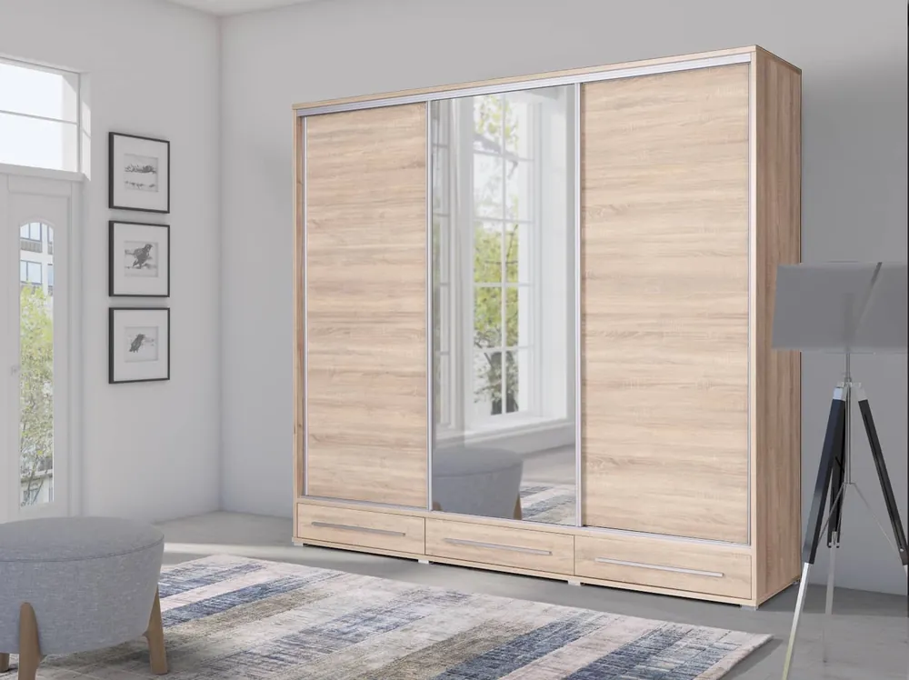 Highlight Schiebeschrank Hajfa 255 cm Eiche sonoma moderner Design-Schrank mit Spiegel Korpus aus 22 mm starker Platte
