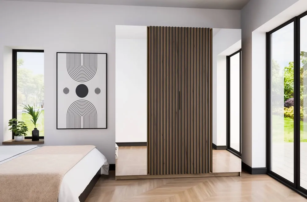 Kleiderschrank mit Spiegel Kastano XIV 200 cm Eiche evozieren elegantes Design Kleiderschrank Tür mit schwarzen Lamellen dekoriert Kleiderschrank für Flur Billig