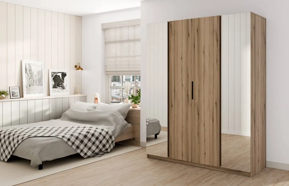 Direkt Vom Hersteller Kleiderschrank mit Spiegel Kastano IX 200 cm Eiche evozieren modernes Design Kleiderschrank gewidmet, um das Schlafzimmer oder Flur Metallgriffe