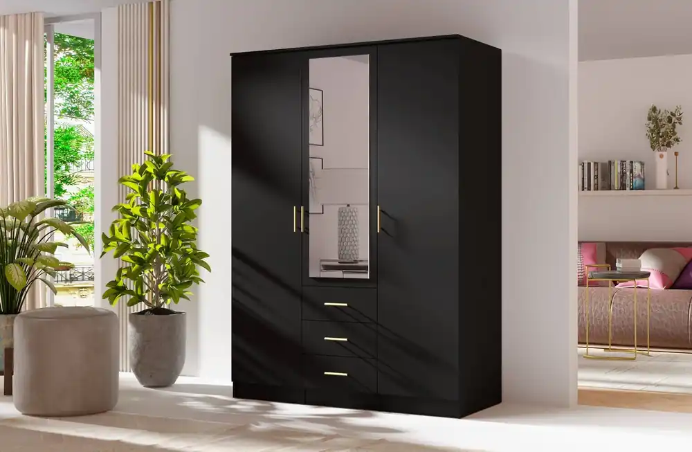 Geprüft Kleiderschrank Adel 150 cm schwarz elegantes Design klassische Form der Garderobe mit Spiegel für Schlafzimmer oder Kleiderschrank geräumige Schubladen goldene Griffe