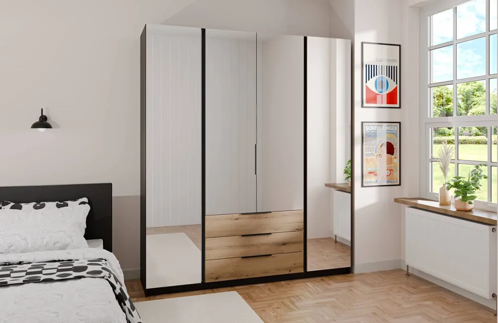 Spiegelschrank Kastano VI 200 cm schwarz / Eiche evozieren klassische Form Rand Griffe ideal Kleiderschrank für Schlafzimmer geräumige Schubladen Bestpreis