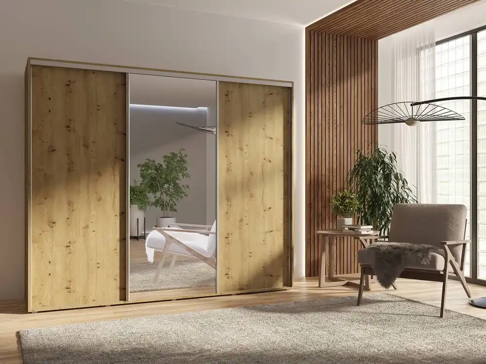 Schiebeschrank mit Spiegel Silwer 255 cm Eiche handwerklich modernes Design ABS-Finish und Aluminium-Türführungen Saisonangebot