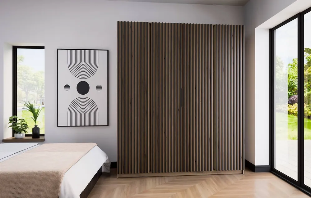 Kleiderschrank Kastano XV 200 cm Eiche evozieren modernes Design Türen mit schwarzen Lamellen dekoriert ideale Garderobe für Schlafzimmer Sofort Bestellen
