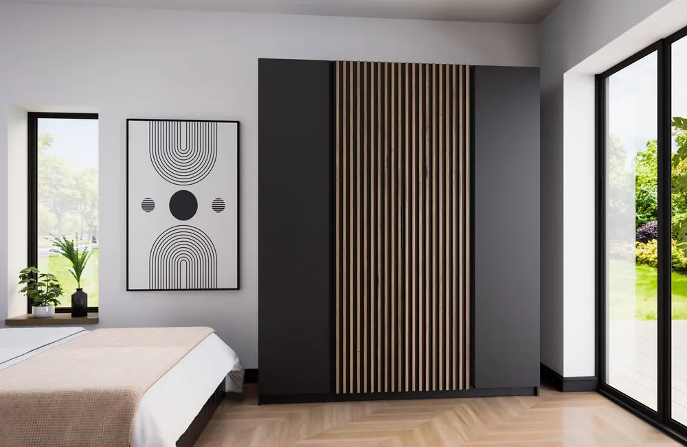 Kleiderschrank Kastano XIII 200 cm schwarz modernes Design Metallkante Griffe Kleiderschranktür mit Eiche verziert evoke Lamellen Markenprodukt