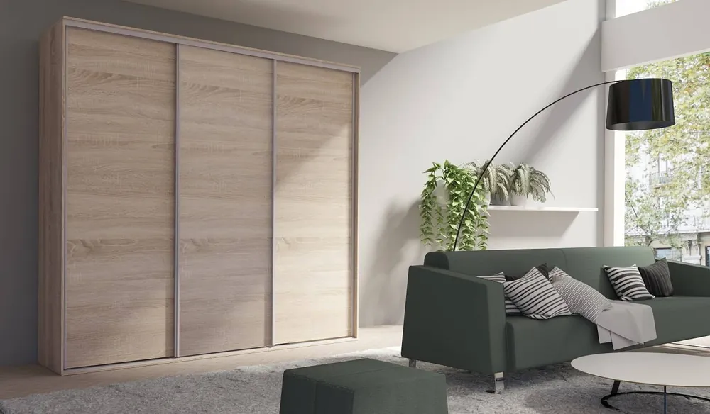 Grande Schiebeschrank 254 cm Eiche hell sonoma geräumiger Kleiderschrank in moderner Form mit Aluminiumtüren ausgestattet Preisknaller