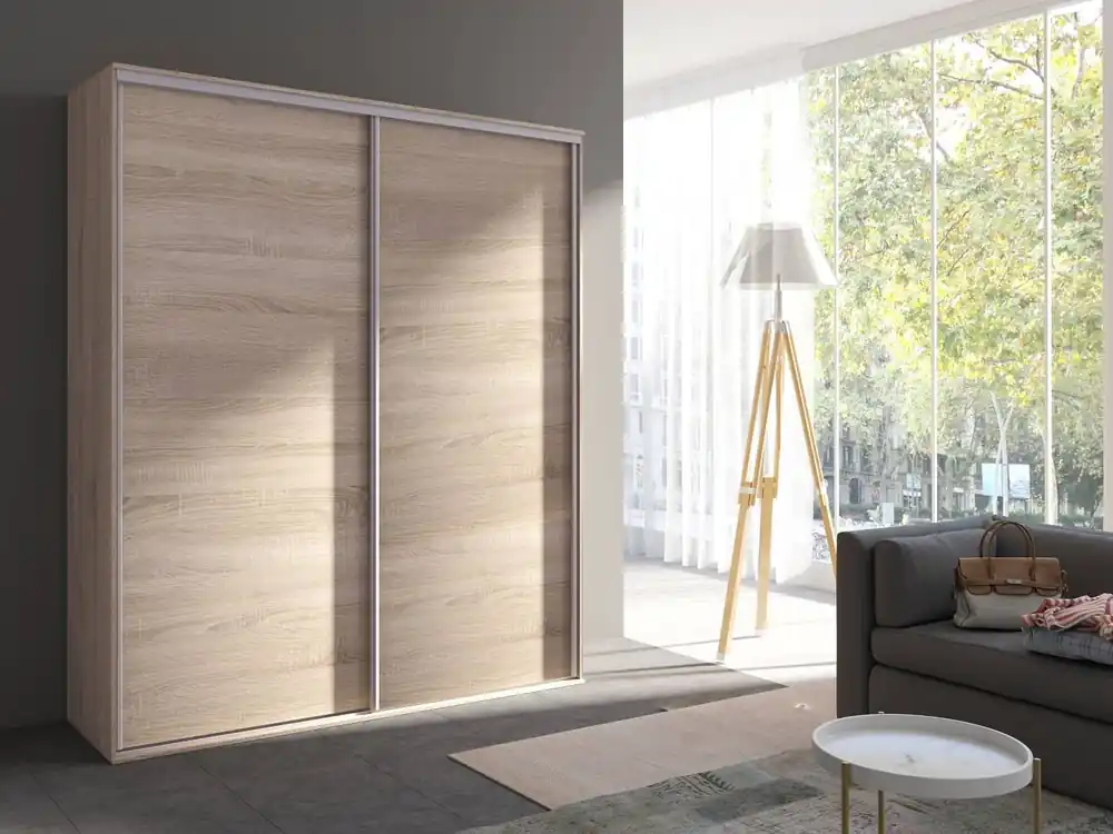 Heißes Angebot Schiebeschrank Grande 204 cm Eiche hell sonoma moderner Kleiderschrank mit Spiegel, ausgestattet mit Aluminium-Türgleitern