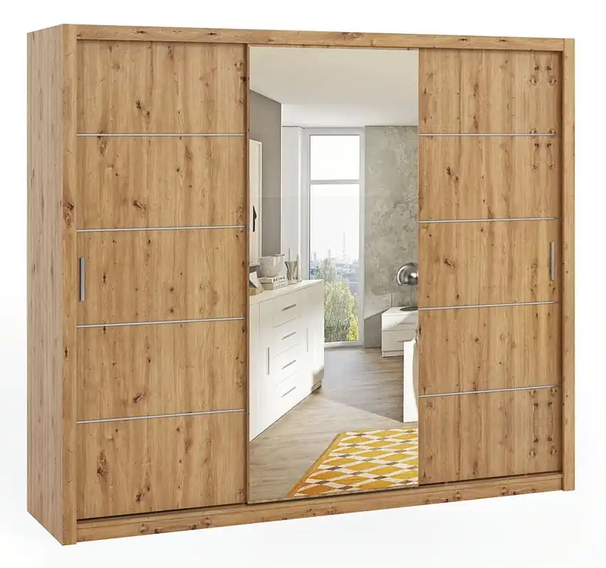 Kleiderschrank mit Spiegel Rico 250 cm Eiche artisan geräumiger Kleiderschrank für Schlafzimmer, Ankleidezimmer oder Flur klassische Form Zertifiziert