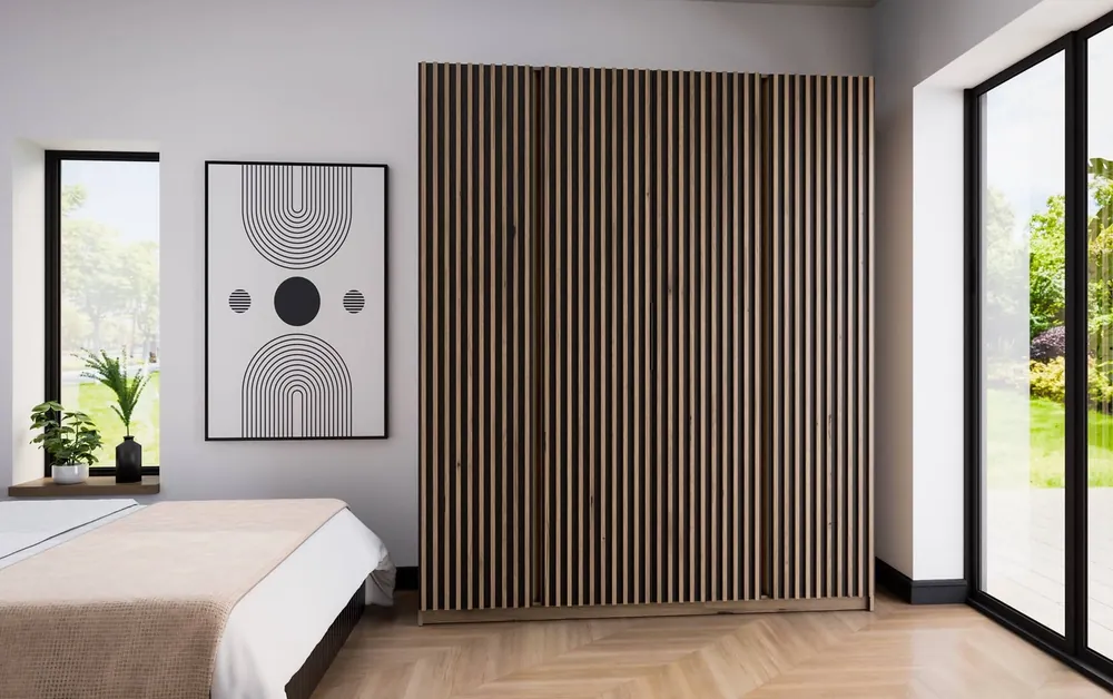 Kleiderschrank Kastano XV 200 cm Eiche evoke / schwarz modernes Design Türen mit Eiche evoke Lamellen dekoriert ideale Garderobe für Schlafzimmer Top-Preis