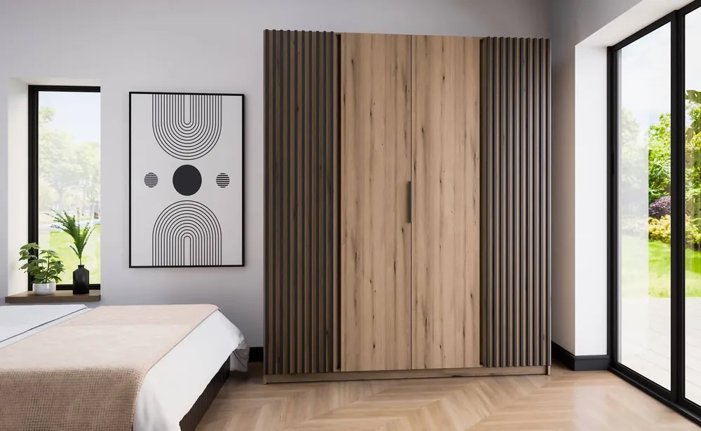 Geprüft Kleiderschrank Kastano XI 200 cm Eiche evoke modernes Design Kleiderschranktür mit schwarzen Lamellen verziert stilvolle Kante Griffe