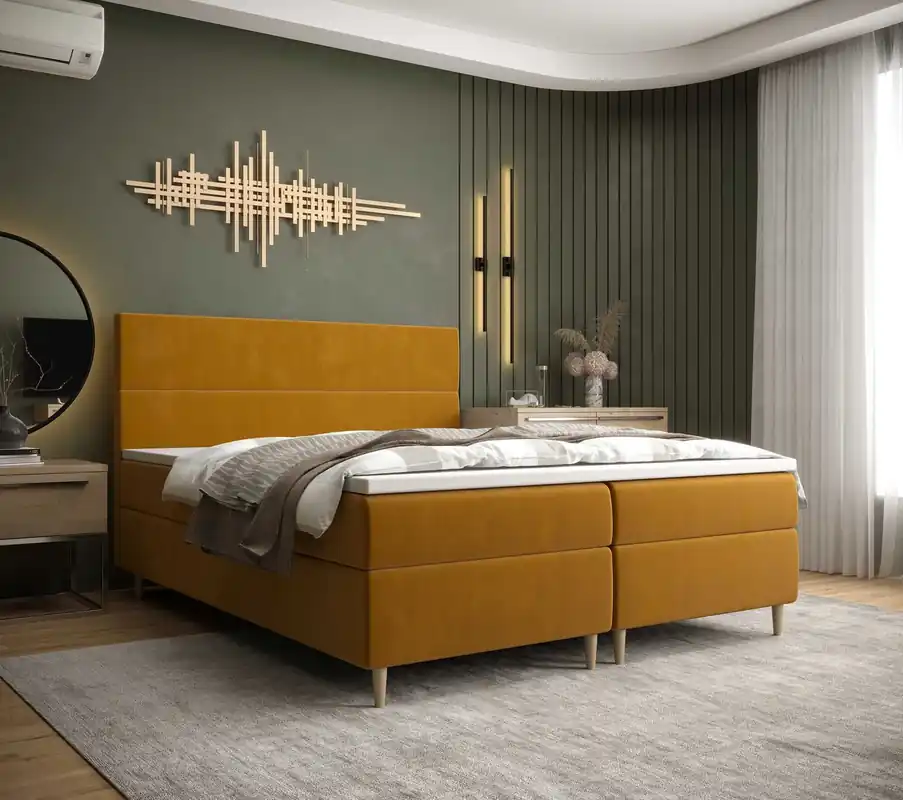 Boxspringbett Bing 180x200 Senfgelb im modernen skandinavischen Stil mit markantem Kopfteil Direktkauf