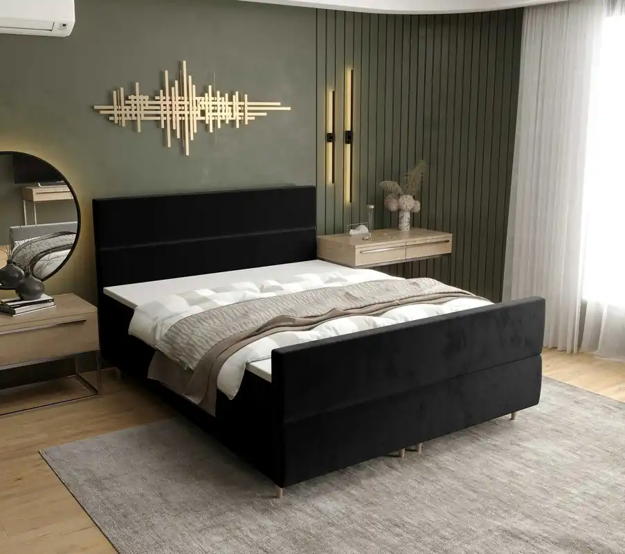 Highlight Boxspringbett Benet 180x200 Schwarz moderner skandinavischer Stil mit charakteristischem Kopfteil Kontinentale Bett