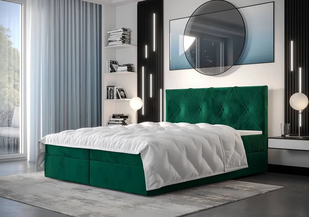 Nur Für Kurze Zeit Boxspringbett Arvada 140x200 Flaschengrünes Bett im modernen skandinavischen Stil mit gepolstertem Kopfteil
