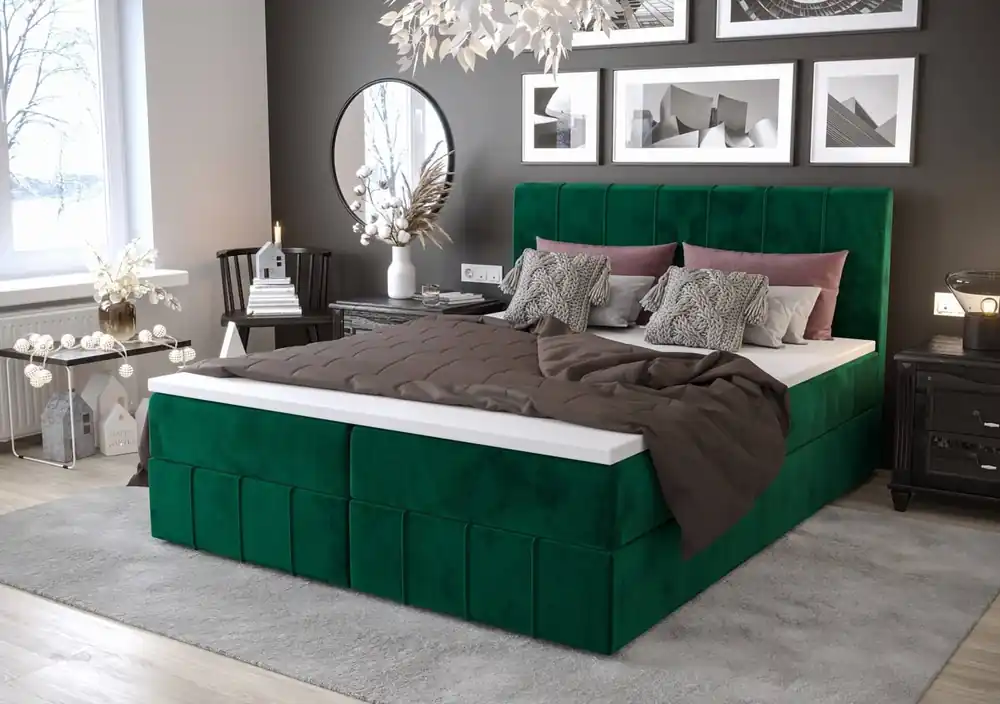 Zertifiziert Boxspringbett Casey 140x200 flaschengrün im modernen skandinavischen Stil mit markantem Kopfteil