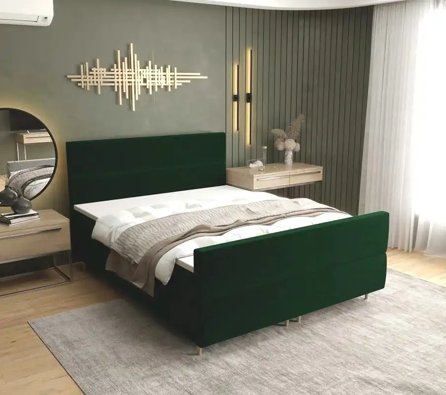 Heißes Angebot Boxspringbett Benet 180x200 Flaschengrün moderner skandinavischer Stil mit charakteristischem Kopfteil Kontinentale Bett