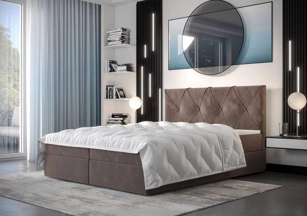 Boxspringbett Arvada 140x200 hellbraunes Bett im modernen skandinavischen Stil mit gepolstertem Kopfteil Günstig