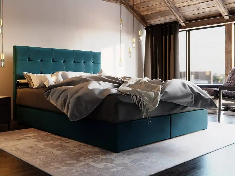 Sale Boxspringbett Widnes 140x200 türkis Bett im modernen skandinavischen Stil mit markantem Kopfteil