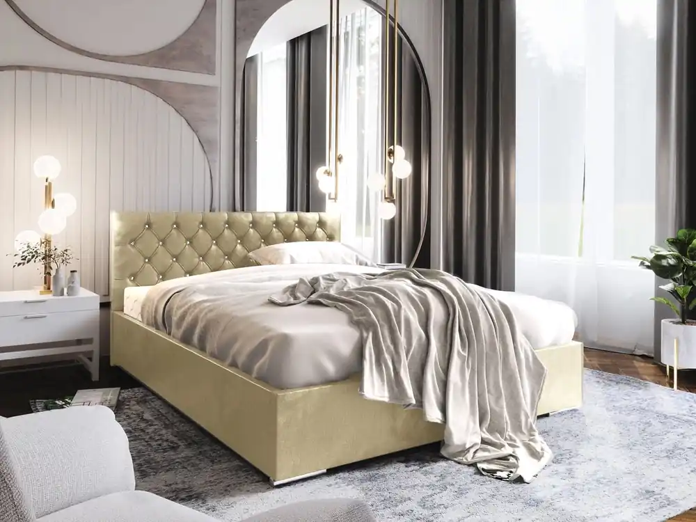 Heißes Angebot Polsterbett Bauru 180x200 beige mit Container im modernen skandinavischen Stil mit gestepptem Kopfteil mit Kristallen