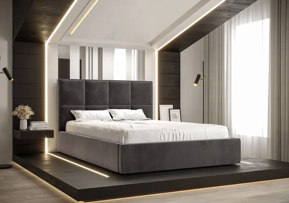 Heißes Angebot Polsterbett Aresa 160x200 mit Aufbewahrung Grau Modernes skandinavisches Stilbett mit bequemem Kopfteil
