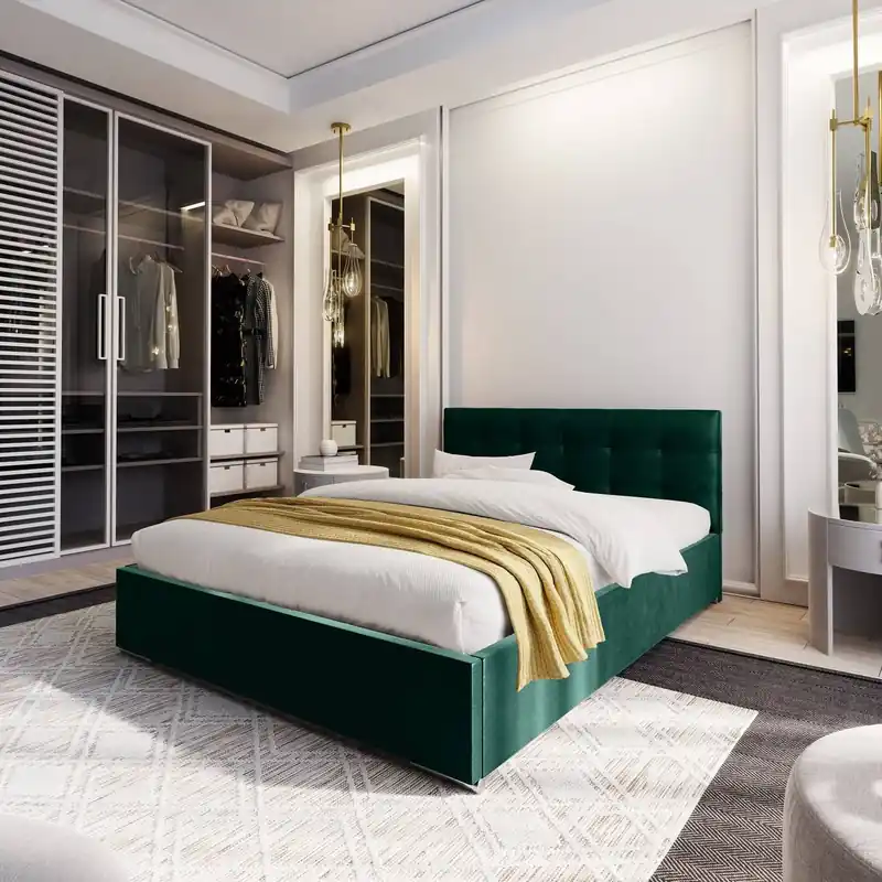 Begrenztes Angebot Montigo Polsterbett 160x200 flaschengrün mit Staukasten im modernen skandinavischen Stil mit gestepptem Kopfteil