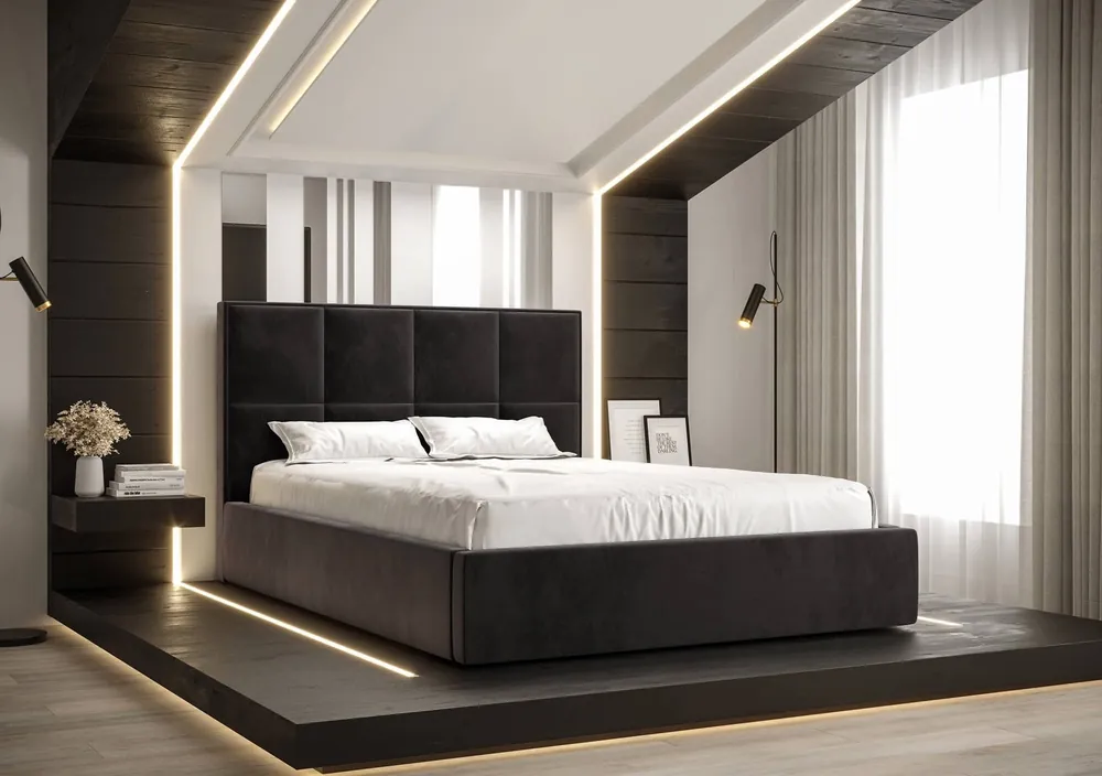 Saisonangebot Polsterbett Aresa 180x200 mit Aufbewahrung Graphit Modernes skandinavisches Stilbett mit bequemem Kopfteil