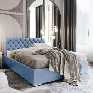 Abverkauf Polsterbett Alvorada 140x200 hellblau mit Staukasten im modernen skandinavischen Stil mit gestepptem Kopfteil
