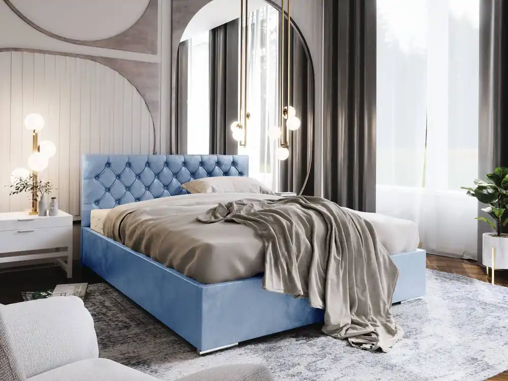 Abverkauf Polsterbett Alvorada 140x200 hellblau mit Staukasten im modernen skandinavischen Stil mit gestepptem Kopfteil