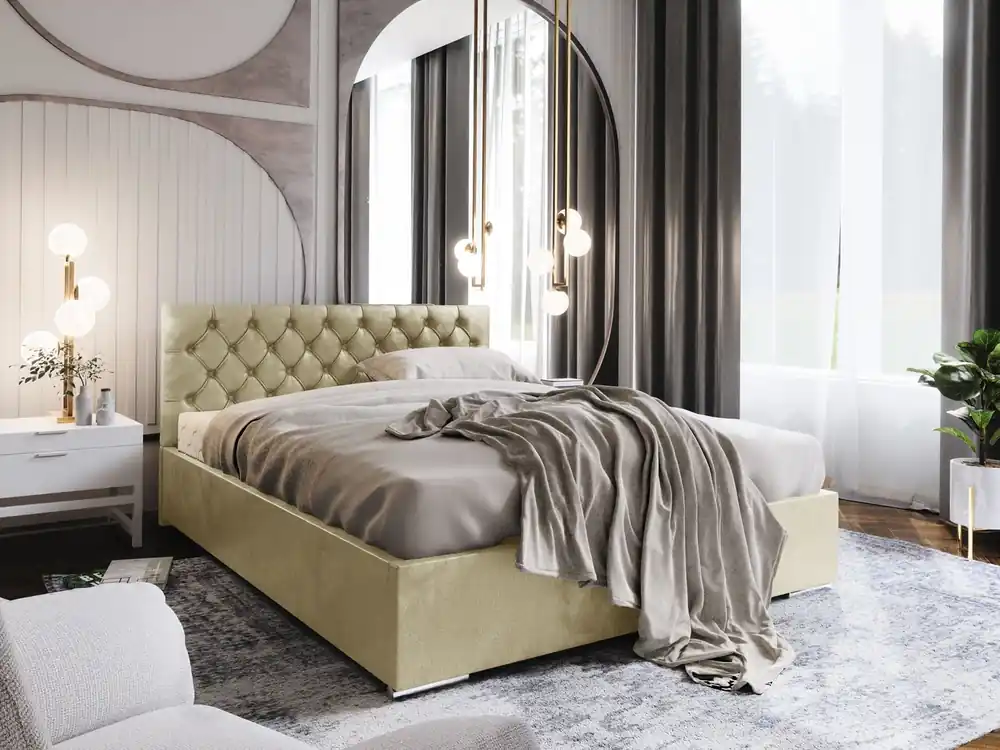 Polsterbett Alvorada 140x200 beige Bett mit Staukasten im modernen skandinavischen Stil mit gestepptem Kopfteil Jetzt Kaufen