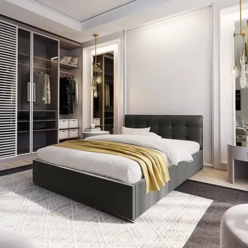 Polsterbett Montigo 180x200 grau mit Container im modernen skandinavischen Stil mit gestepptem Kopfteil Preisknaller