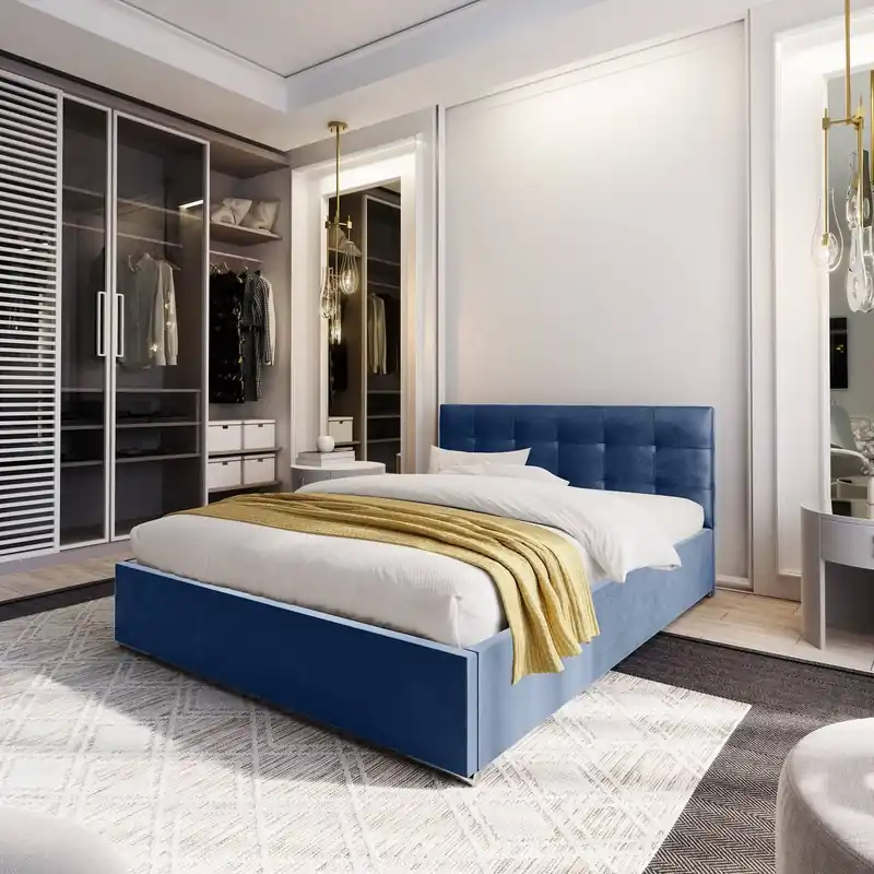 Polsterbett Montigo 140x200 blau mit Container im modernen skandinavischen Stil mit gestepptem Kopfteil Schneller Versand