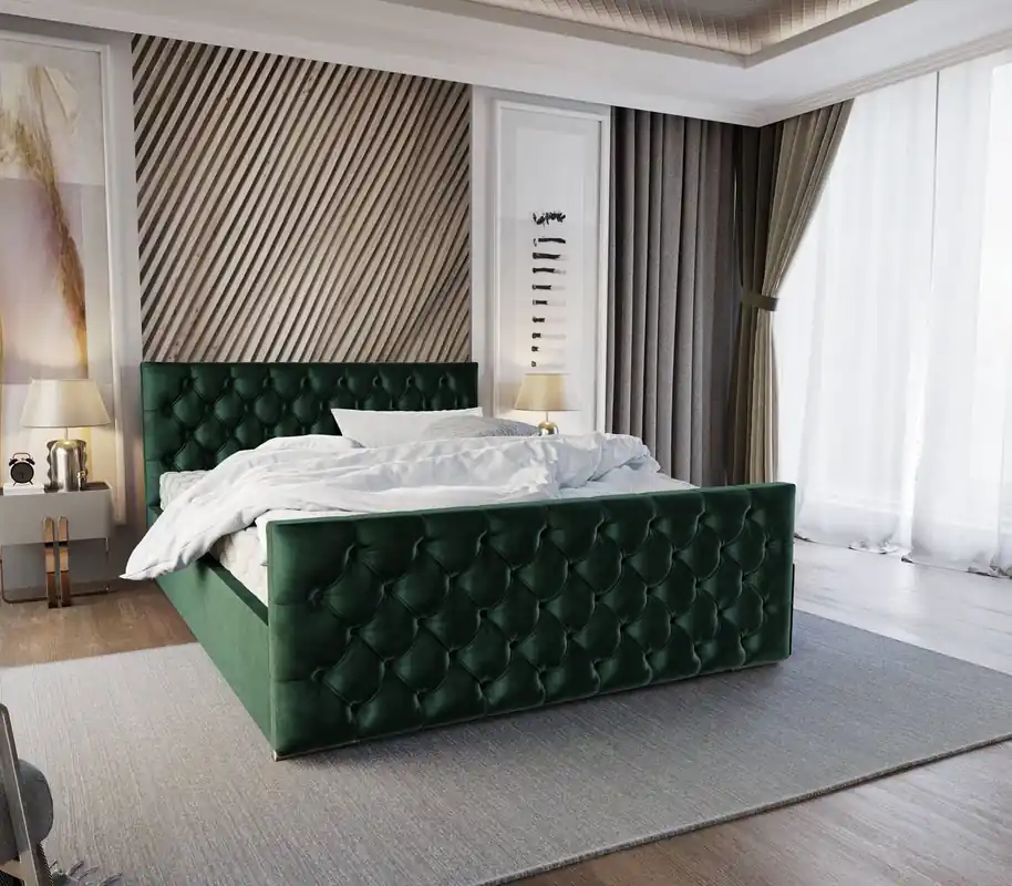 Abverkauf Polsterbett Viamao 160x200 flaschengrün mit Container im modernen skandinavischen Stil mit gestepptem Kopf- und Fußteil