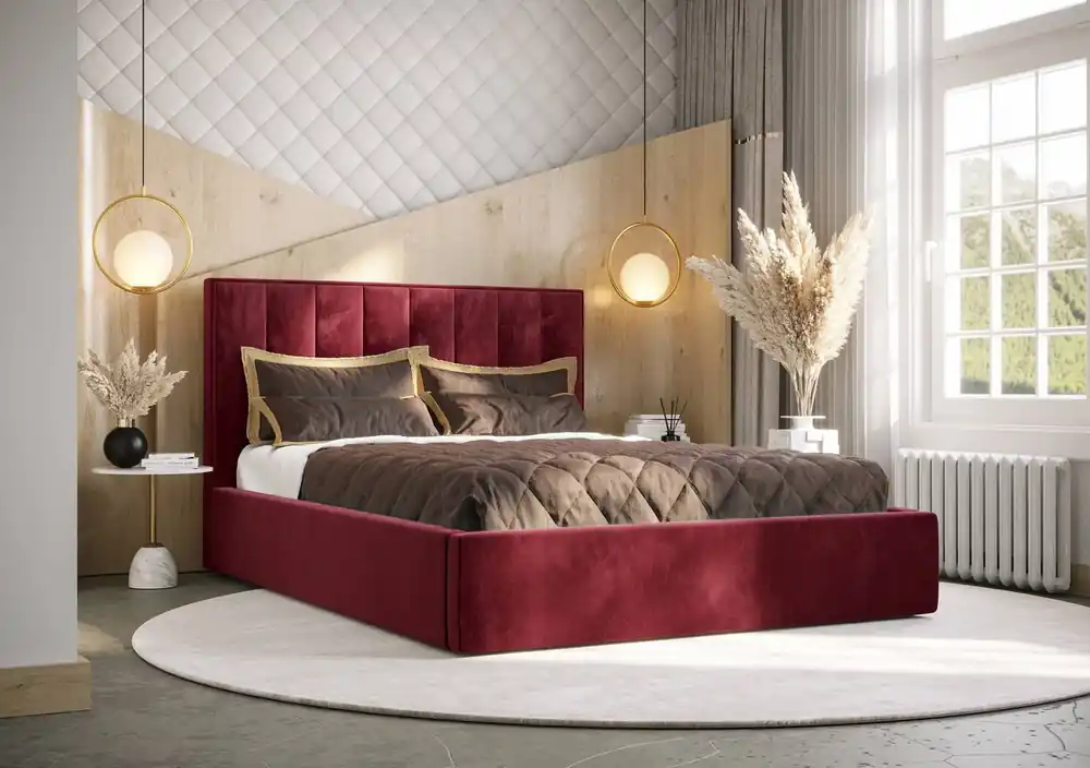 Polsterbett Rinus 160x200 mit Aufbewahrung Dunkelrot Modernes skandinavisches Stilbett mit bequemem Kopfteil Expressversand