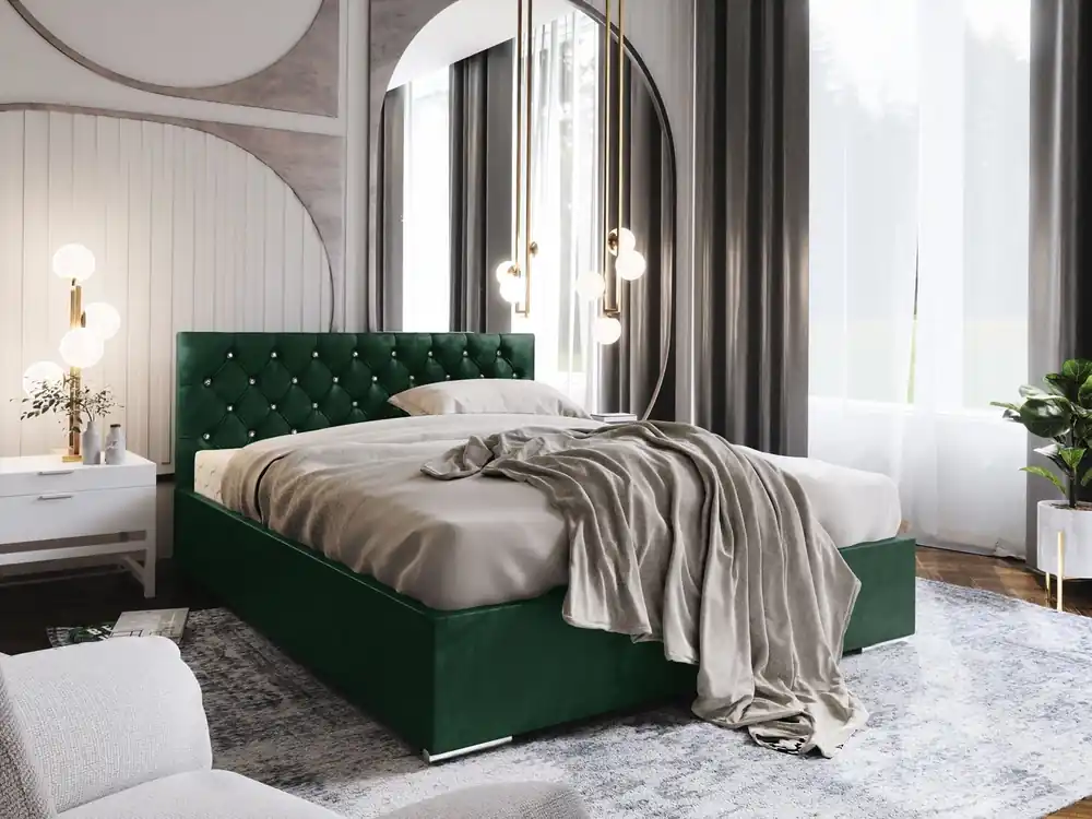 Polsterbett Bauru 180x200 flaschengrün mit Staukasten im modernen skandinavischen Stil mit gestepptem Kopfteil mit Kristallen Saisonangebot