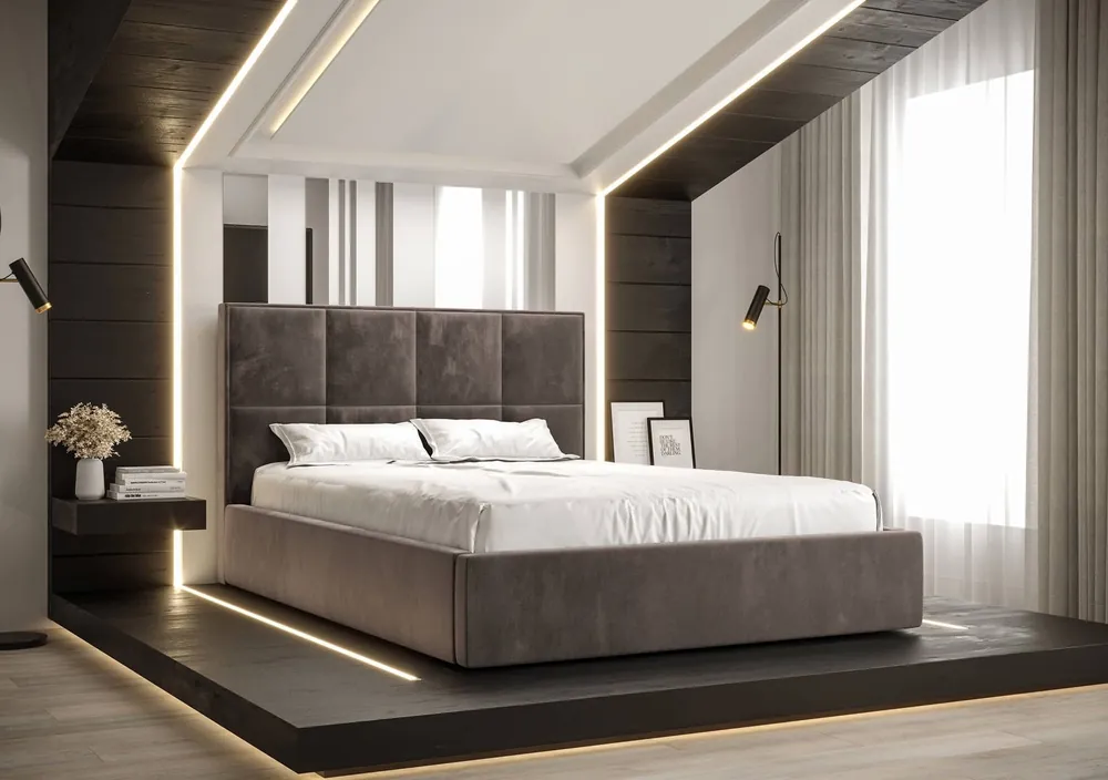 Polsterbett Aresa 180x200 mit Aufbewahrung Hellbraun Modernes skandinavisches Stilbett mit bequemem Kopfteil Heißes Angebot