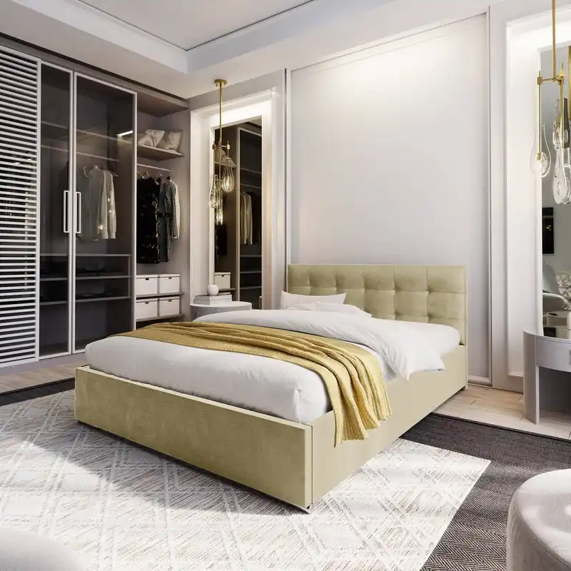 Must-Have Montigo Polsterbett 160x200 beige mit Staukasten im modernen skandinavischen Stil mit gestepptem Kopfteil
