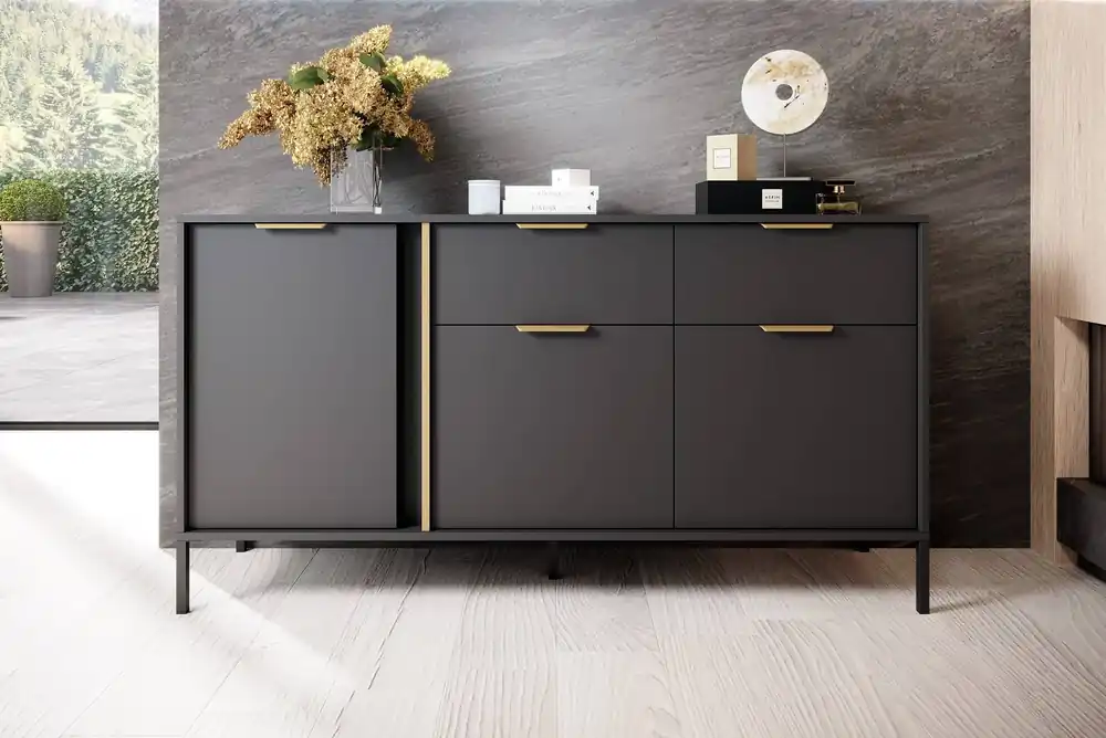Kommode Golden 153 cm anthrazit modernes Design ideale Kommode für moderne Innenräume goldene Kante Griff fügt Eleganz Jetzt Kaufen