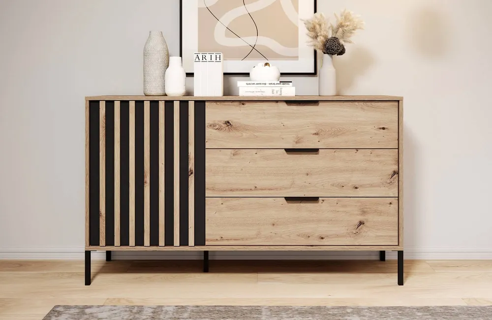 Saisonangebot Kommode Tipler 137 cm Eiche artisan / anthrazit modernes Design Dekoleisten an den Türen Kantengriffe