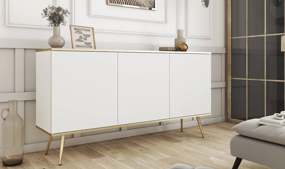 Zertifiziert Kommode Luxury 160 cm weiß elegantes Design Korpus mit goldenen trim Kommode auf hohen Metallbeinen unterstützt
