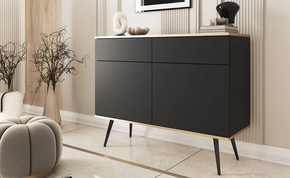 Saisonangebot Schubladenkommode Luxury 107 cm schwarz modernes Design Wohnzimmer Kommode Körper mit Gold trim hohe Metallbeine gekrönt