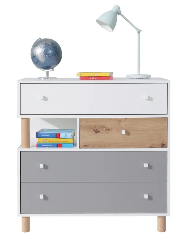 Kommode mit Schubladen Beja 90 cm weiß / Eiche artisan / grau ideal für das Jugendzimmer sehr nützlich und hat ein modernes Design Top-Preis