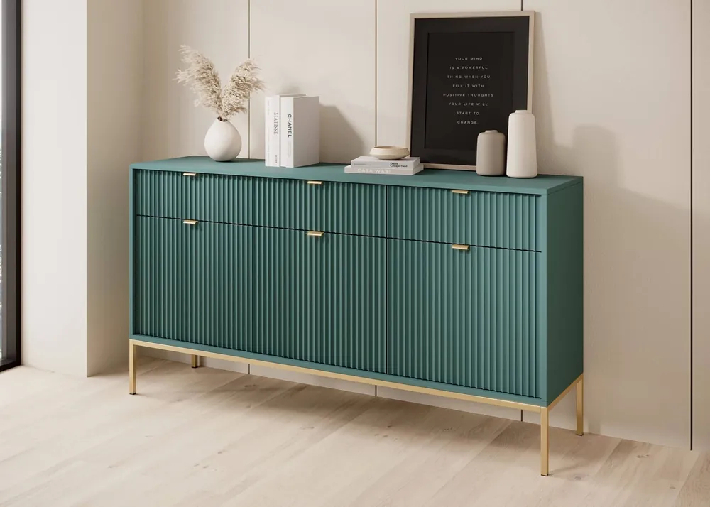 Kommode mit Schubladen Lovro 154 cm pastellgrün modernes Design wird Liebhaber ausdrucksstarker Innenräume begeistern goldenes Metallzubehör Schnäppchen