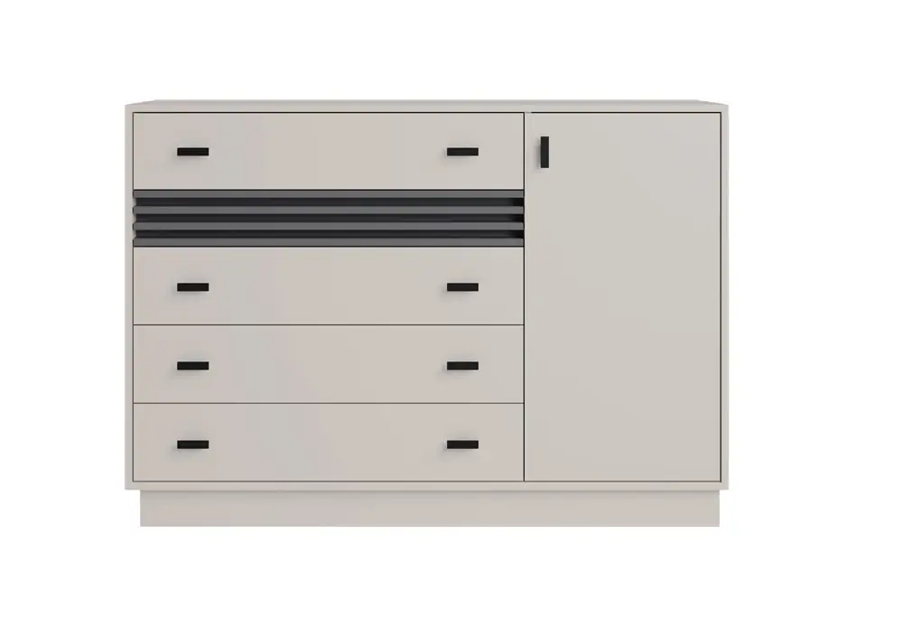 Knallerangebot Kommode mit Schubladen Estan 135 cm beige / anthrazit modernes Möbeldesign hochwertige Verarbeitung Kommodeneinfassung mit Spezialfurnier verarbeitet